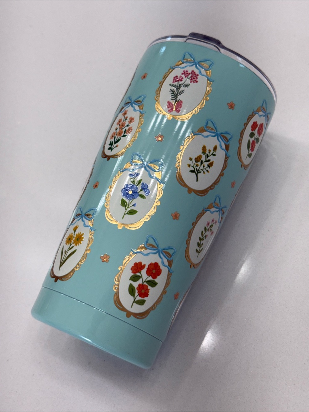 Floral Medallion Light Blue Insulated Tumbler with Gold Accents NWT